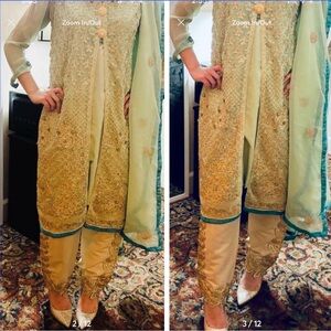 Traditional pure chiffon mint green gold embroidered stonework jacket style! L